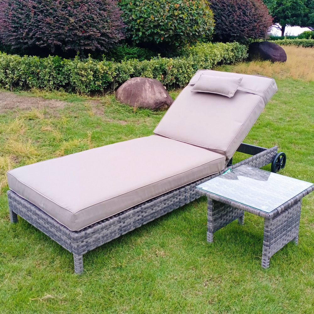 Luxury Mixed Grey Aluminium Framed Rattan Lounger &amp; Table with Tempered Glass