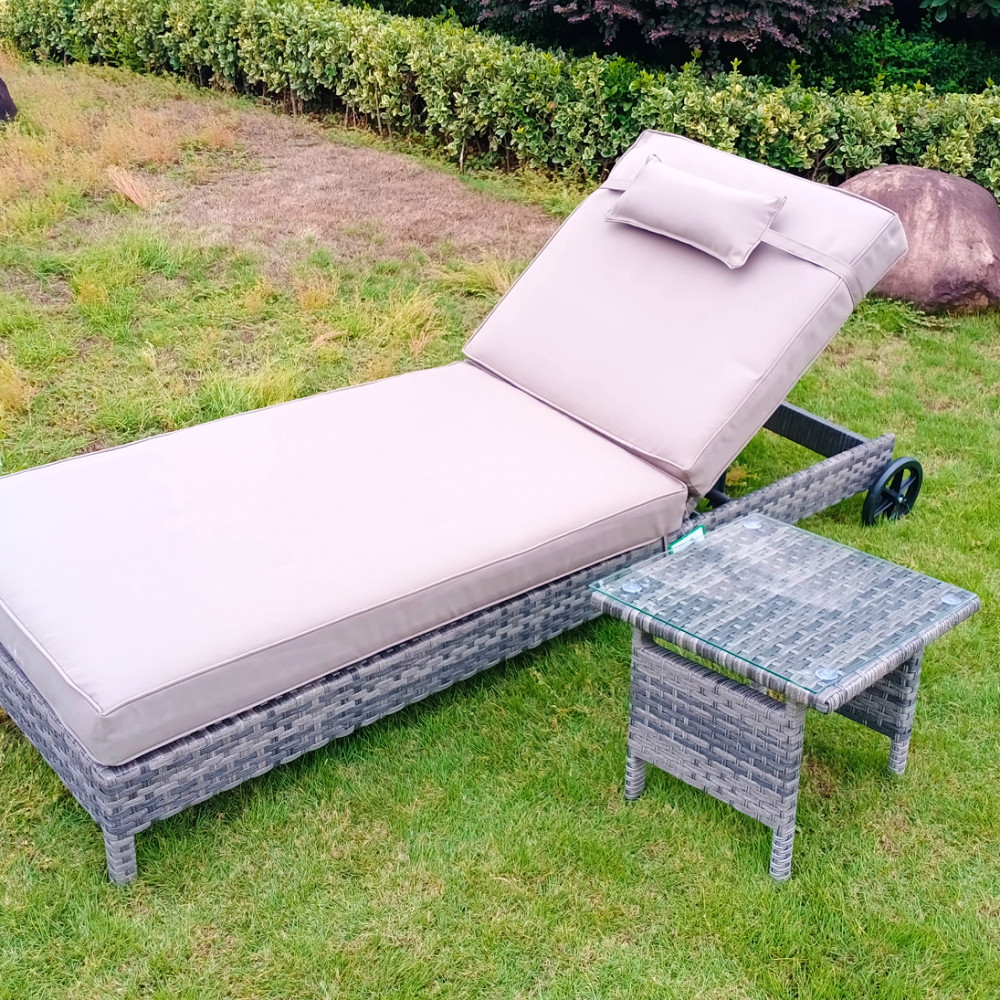Luxury Mixed Grey Aluminium Framed Rattan Lounger &amp; Table with Tempered Glass
