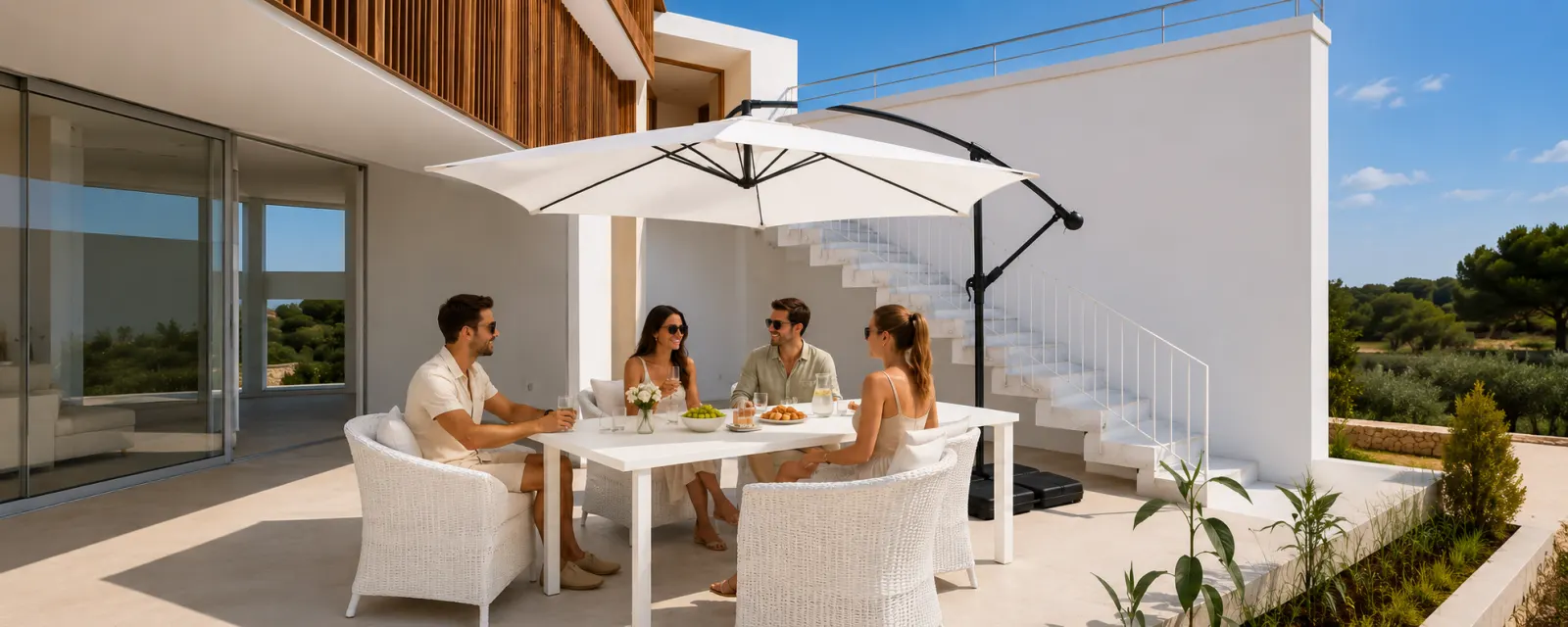 Cream garden parasol shading a patio table
