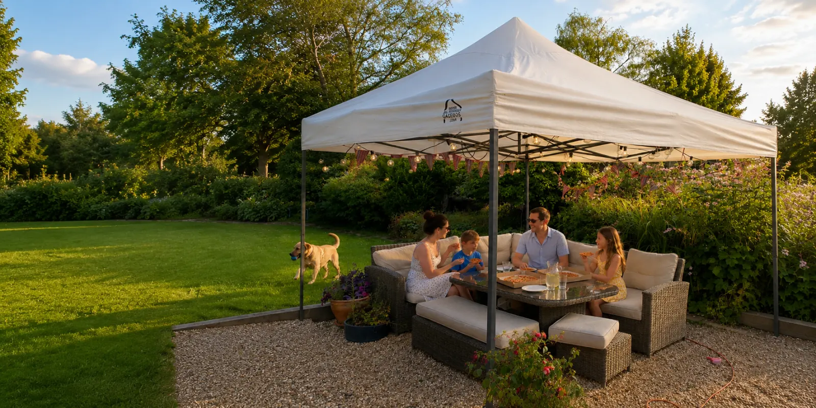 Family enjoying pizza under a white pop up gazebo
